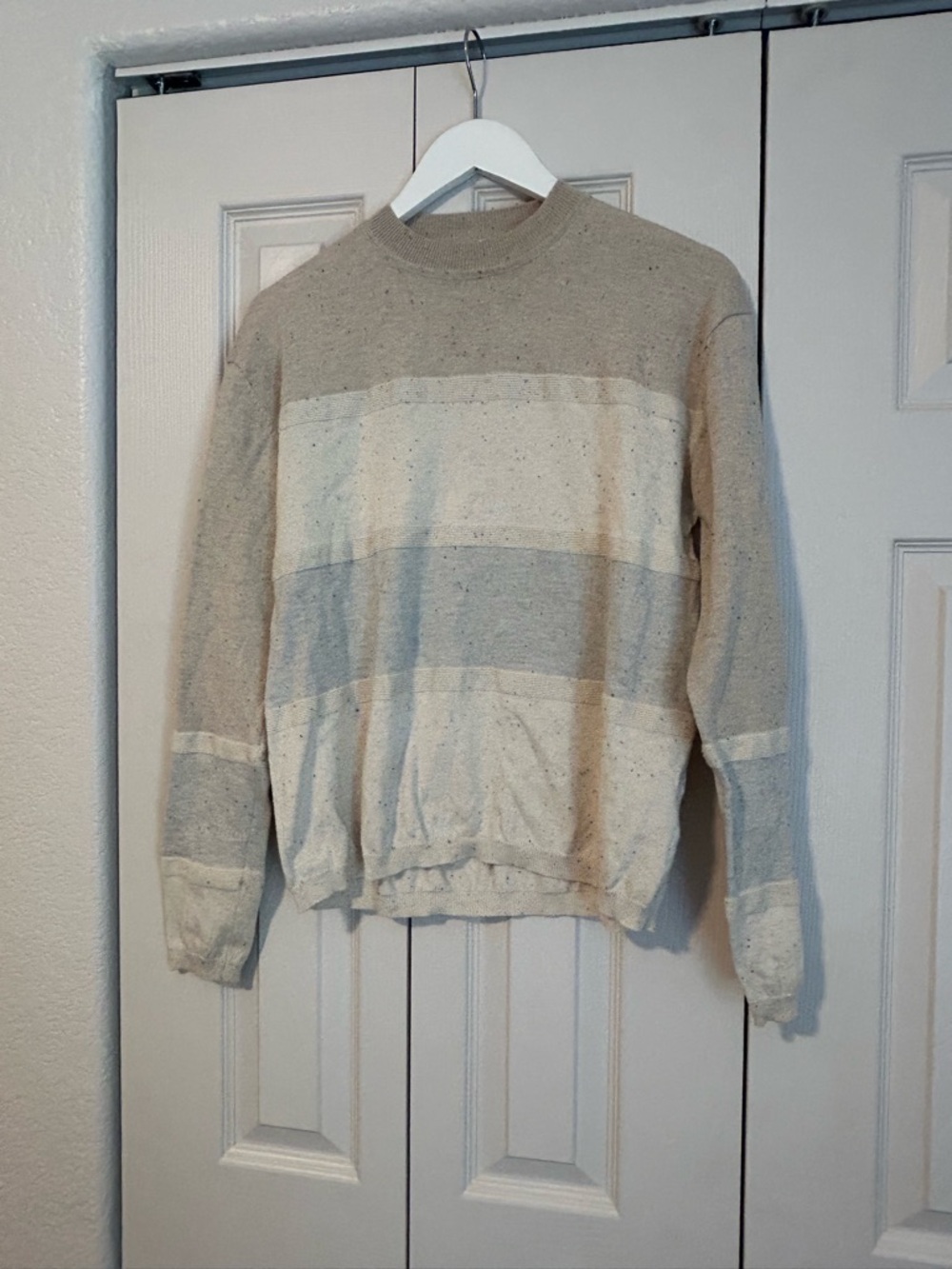 Kuhl Valencia striped crew neck sweater cream & gray hues large stripes comfy